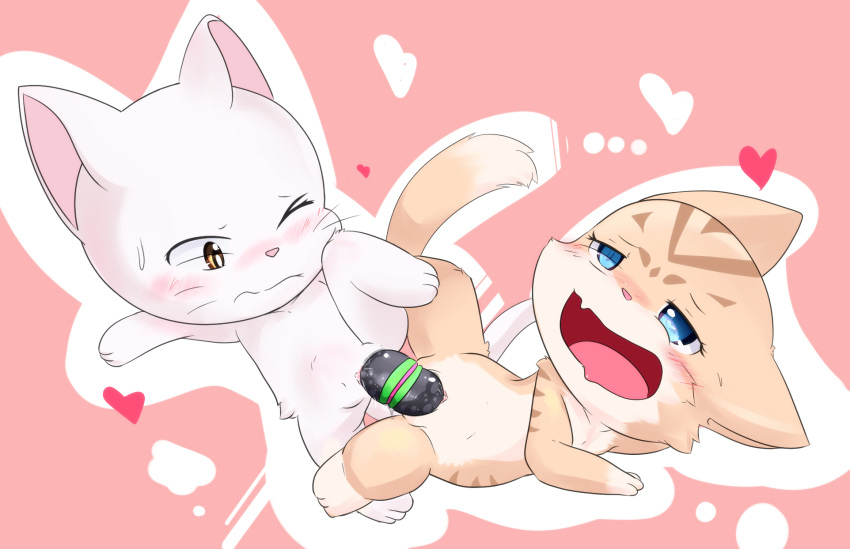 blue_eyes blush brown_eyes charle clyndemoon cute dildo exceed fairy_tail feline female heart long_tail mammal nude pink_background pussy_juice ribbons sex sex_toy simple_background tail_ribbon yuri