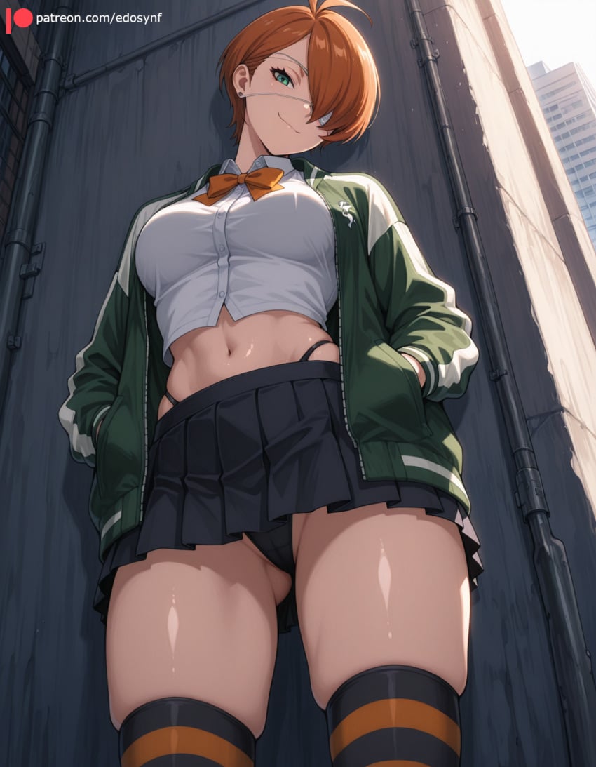 1girls against_wall ai_generated alley ass_visible_through_thighs black_miniskirt black_panties boku_no_hero_academia bow breasts building city closed_mouth collared_shirt day deep_skin edosynf eyepatch female from_below green_eyes green_jacket hair_over_one_eye hands_in_pockets head_tilt highleg highleg_panties highres jacket kuin_hachisuka light_smile looking_at_viewer looking_down medical_eyepatch medium_breasts midriff miniskirt my_hero_academia navel open_jacket orange_bow orange_hair orange_thighhighs outdoors panties pleated pleated_skirt self_upload sexually_suggestive shade shiny shiny_hair shiny_skin shirt short_hair skirt smile solo solo_focus standing stomach striped striped_thighhighs sunlight thick_thighs thighhighs thighs thong upskirt vigilante:_my_hero_academia_illegals vigilante_-boku_no_hero_academia:_illegals- wall white_shirt zettai_ryouiki