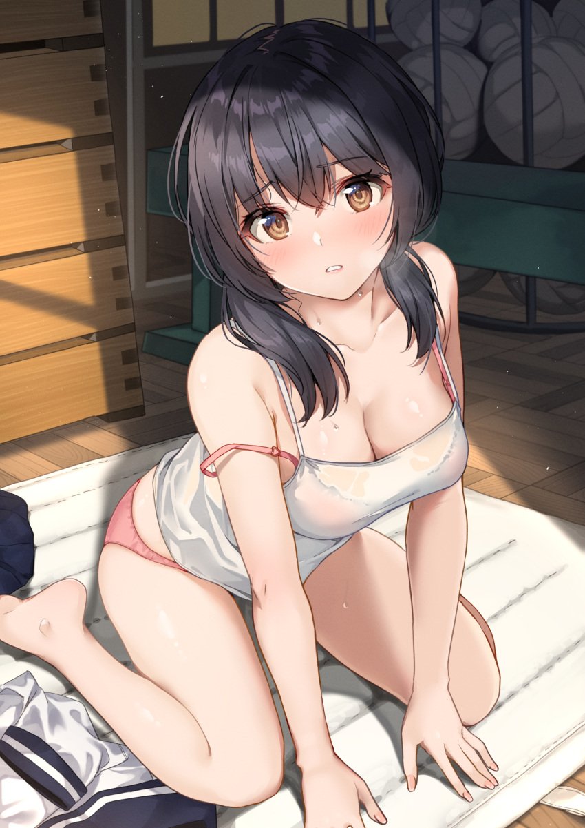 1girls ball barefoot basketweave black_hair black_skirt blush bra bra_strap breasts brown_eyes camisole cleavage commentary_request fingernails full_body gym_storeroom highres indoors long_hair looking_at_viewer low_twintails mat medium_breasts original panties parted_lips pink_bra pink_panties pleated_skirt school_uniform shirt sidelighting sitting skirt solo strap_slip sunlight sweat sweatdrop twintails unasaka_ryou underwear unworn_clothes unworn_shirt unworn_skirt vaulting_horse volleyball_(object) wariza white_camisole wooden_floor