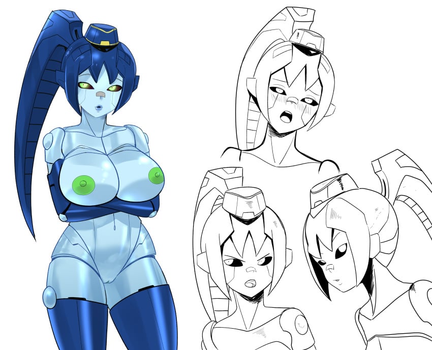 1female 1girls 2d 2d_(artwork) blue_hair character_sheet commission commissioner_upload green_eyes green_nipples large_breasts multiple_poses oc original_character robot robot_girl soft_body thigh_boots uliel valkire_(ztormdust) valkyriebot_(cloudbreaker) white_skin
