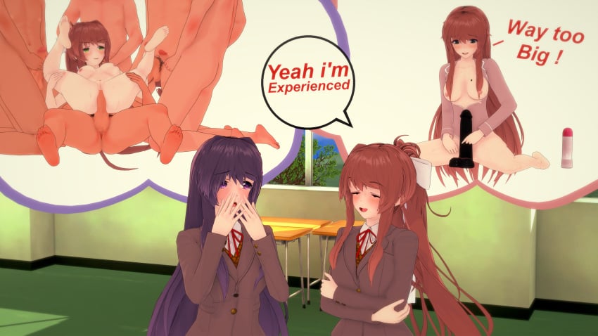 3d bragging coral_brown_hair dildo doki_doki_literature_club edit edited expectation_vs_reality gangbang green_eyes koikatsu monika_(doki_doki_literature_club) nervous nervous_smile pajama_pants pajama_shirt pajamas purple_eyes purple_hair thought_bubble too_big yuri_(doki_doki_literature_club)