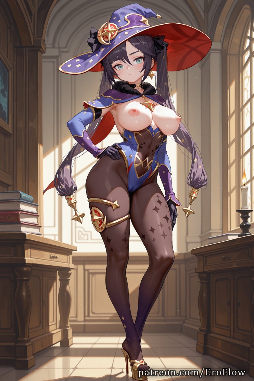 1girls 2025 ai_generated black_choker black_gloves black_hair black_pantyhose blue_leotard bodystocking book breasts breasts_out cameltoe curvaceous detached_sleeves earrings elbow_gloves eroflow female full_body genshin_impact gloves gold_trim hand_on_hip hand_on_own_hip hat hat_ornament hi_res high_heels highleg highleg_leotard highres hoyoverse jewelry leotard long_hair looking_at_viewer mihoyo mihoyo_technology_(shanghai)_co._ltd. mona_(genshin_impact) mona_(genshin_impact)_(cosplay) nipples pantyhose patreon solo standing star_earrings teasing thighlet thighs twintails voluptuous voluptuous_female witch_hat