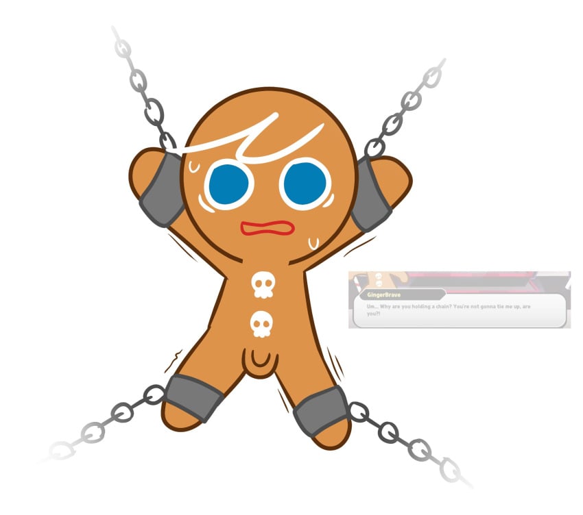 1boy 2025 animate_inanimate balls ballsack blue_eyes brown_body chained_up chains cookie cookie_run cookie_run_kingdom cookie_run_ovenbreak flaccid_penis genitals gingerbrave gingerbread_man kuwoesque male male_only motion_lines naked naked_male no_humans non-human non-human_only penis restrained scared skull_symbol small_balls small_penis solo solo_male sweat sweating tagme testicles tiny_penis tremble_lines trembling white_background