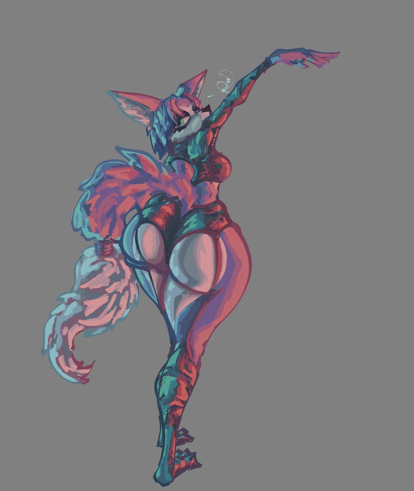 absurd_res anthro ass big_breasts big_butt blue_body breasts canid canine clothing female fox hi_res krystal_(star_fox) latex latex_clothing makeup mammal nintendo rik_grape solo star_fox thick_thighs