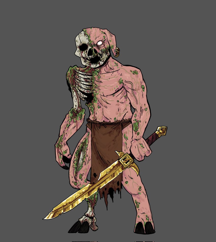 alexandresar99 anthro blood bodily_fluids bone bottomwear brown_bottomwear brown_clothing brown_loincloth clothed clothing digital_media_(artwork) ear_piercing ear_ring exposed_bone exposed_rib_cage exposed_skull fingers fur gold_(metal) golden_sword gore hi_res holding_object holding_weapon hooved_fingers hooved_toes hooves loincloth looking_at_viewer male mammal melee_weapon microsoft minecraft mojang open_mouth piercing piglin pink_body pink_fur pink_skin ring_piercing simple_background skull skull_head solo standing suine sword teeth tusks undead weapon xbox_game_studios zombie zombified_piglin