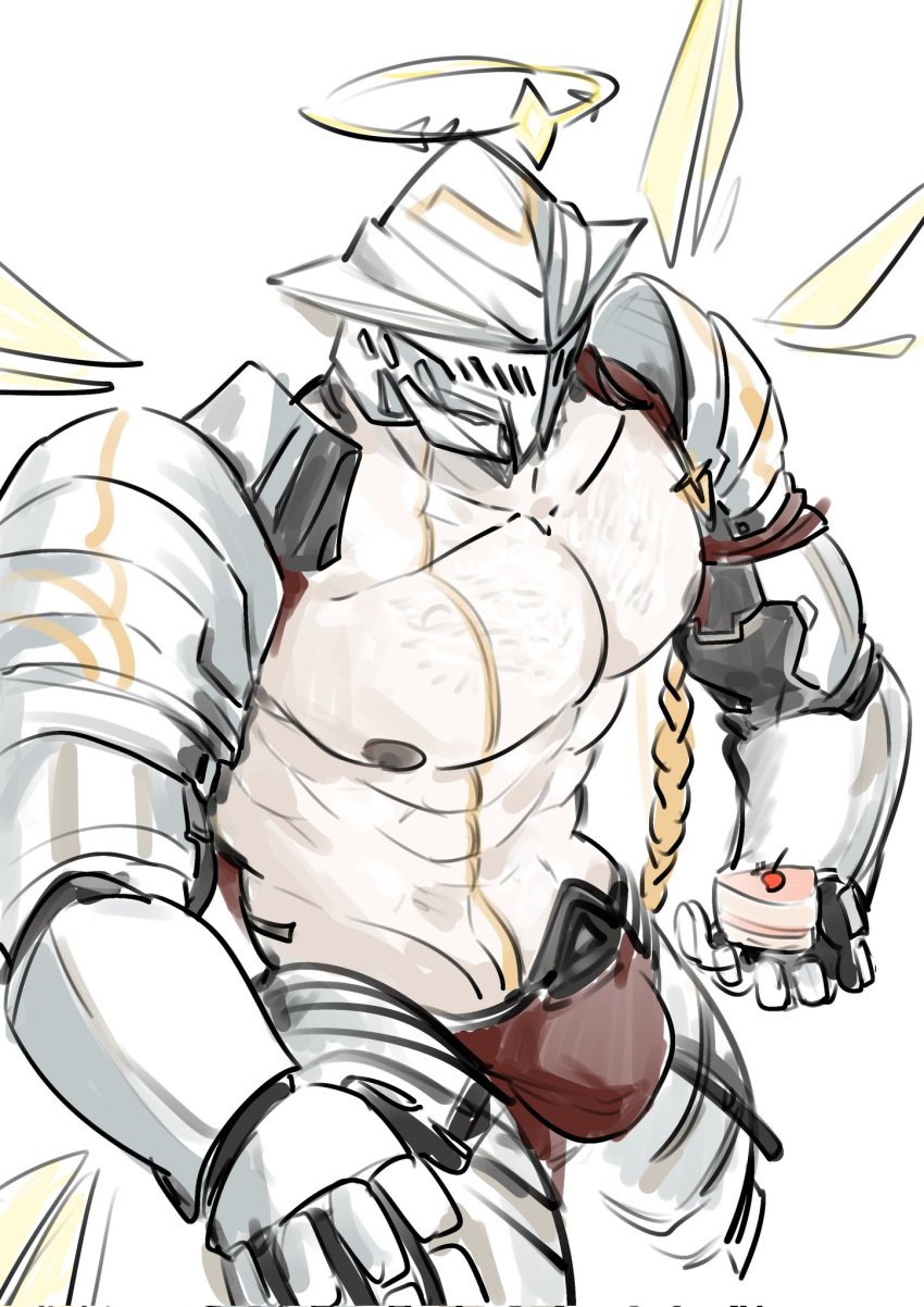 abs arknights armor armored_boots armored_gloves bara bulge cake faceless_character faceless_male hairy halo helmet holding_object male male_only mostly_nude nipples pecs sankta_miksaparato tagme tagme_(artist) wings