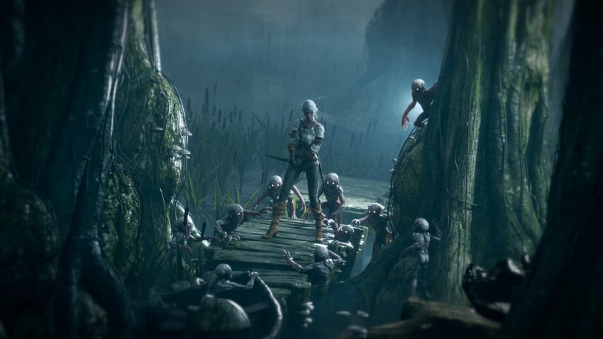3d boots cd_projekt_red ciri clothing female forest gloves green_eyes imminent_rape imminent_sex light-skinned_female lydas3d lydaz mascara monster nekker outdoors penis scar sword the_witcher_(series) the_witcher_3:_wild_hunt white_hair witcher_medallion