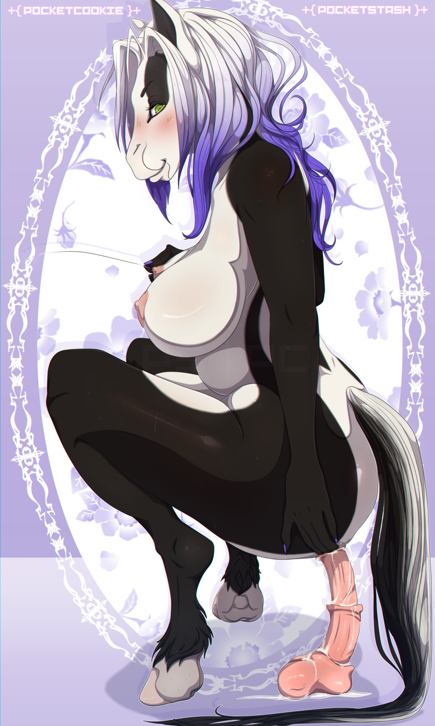 1girls ass breasts chubby dildo equine eye_contact feet furry half-closed_eyes hooves horse hybrid large_breasts looking_at_viewer mammal masturbation original_character pocketcookie sex_toy skunk solo squatting tail text thick_thighs watermark wide_hips