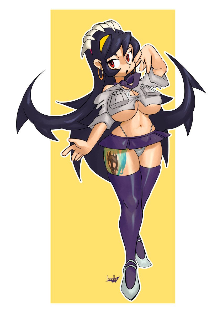 1girls big_breasts bimbo black_hair breasts cleavage ear_piercing earrings female female_only filia_(skullgirls) footwear full_body hair heels hoop_earrings huge_breasts kipnitt legwear long_hair miniskirt necktie neckwear purple_skirt purple_thighhighs red_eyes revealing_clothes skimpy skimpy_clothes skirt skullgirls solo solo_female tattoo tattoo_on_thigh thighhighs thong white_thong