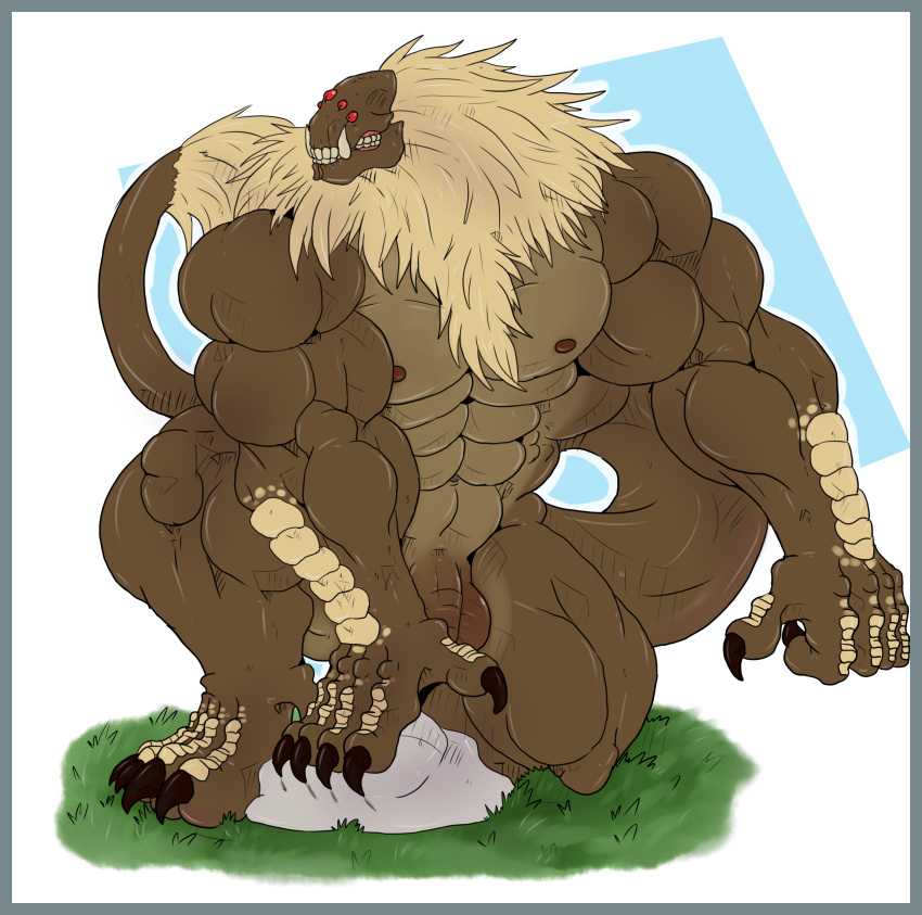 2016 abs balls bammlander bastian biceps big_biceps claws colored demon dragontigerwolf fangs flaccid fluffy fluffy_tail front_view fur hair kneeling male male_only mandibles manly midriff monster multi_eye muscular muscular_male nipples nude outside pecs penis pose red_eyes sharp_teeth simple_background solo tan_fur teeth toes tuft vein