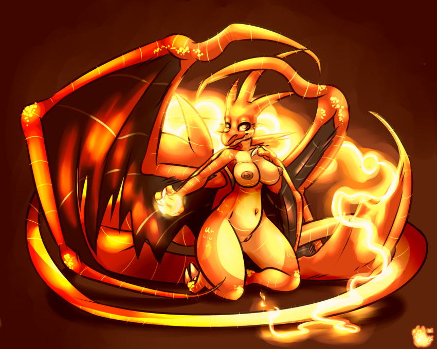 1girls anthro areolae ass back breasts charizard claws dragon feet female fire half-closed_eyes kneeling large_breasts looking_at_viewer looking_back mega_charizard mega_charizard_y mega_evolution membranous_wings navel nintendo nude ogaraorcynder orange_background orange_eyes orange_skin pokemon pokemon_(species) pussy scalie solo tail video_games wings