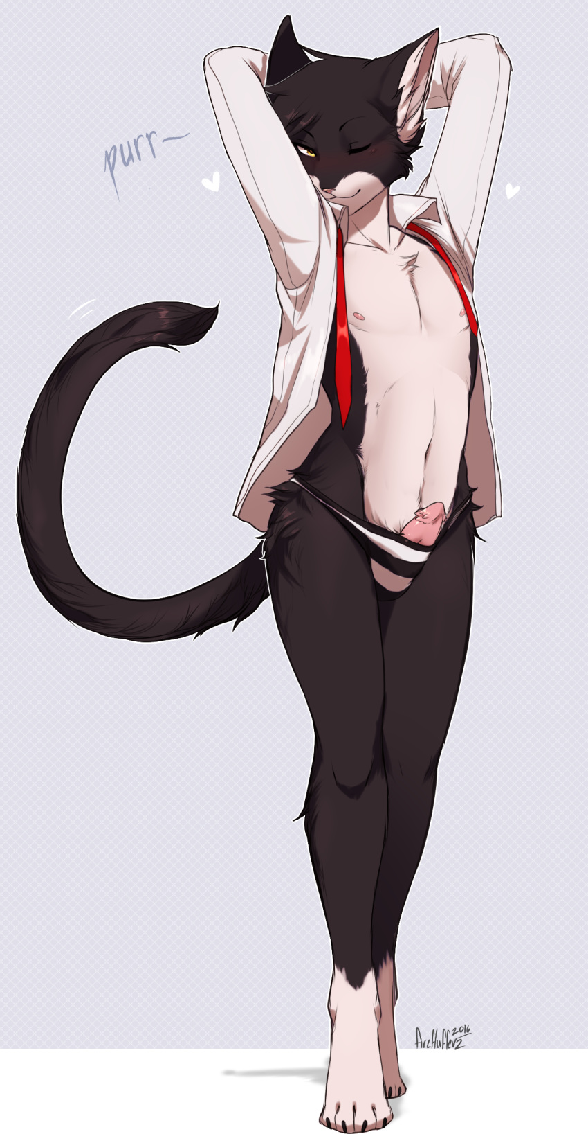 clothed clothing dress_shirt erection feline fireflufferz girly heart looking_at_viewer male mammal necktie nipples one_eye_closed panties shirt smile solo striped striped_panties text underwear wink