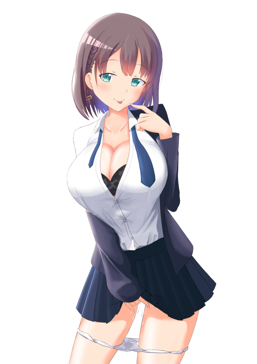 :p ai-chan_(dokidoki!_precure) black_bra blue_eyes bra bra_cups_sticking_out braid breasts brown_hair contrapposto cowboy_shot dress_shirt female getsuyoubi_no_tawawa highres jacket kagamigami_(kamikagami) large_breasts looking_at_viewer masturbation miniskirt necktie open_clothes open_shirt panties panty_pull pleated_skirt pussy_juice pussy_juice_stain shirt short_hair skirt sleeves_past_wrists smile solo tied_hair tongue tongue_out underwear untied white_panties