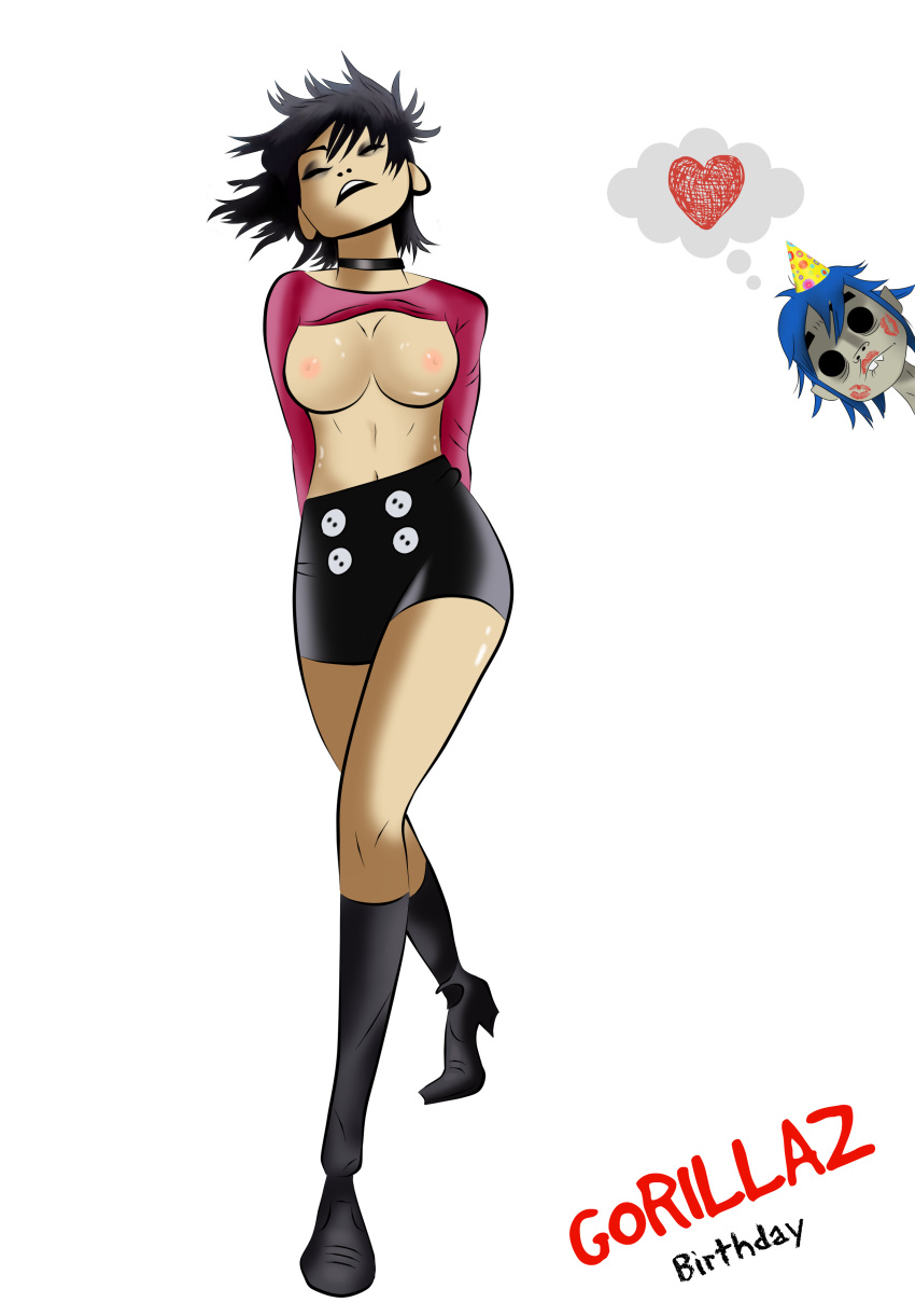 1boy 1girls 2d_(gorillaz) big_breasts birthday breasts cleavage closed_eyes exposed_breasts eyeshadow gorillaz heart kiss_mark makeup navel nipples noodle_(gorillaz) noodle_(jaguar) nude nudity partial_nudity shirt_lift tayashii