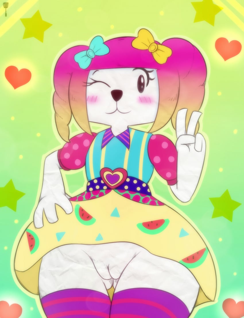 2017 :3 ;) anthro ass_visible_through_thighs bear big_thighs bottomless bow bzeh cartoon_network clothed clothing embellishment female flat_chested gesture heart hi_res legwear looking_at_viewer mammal paper pose pussy solo teri_(tawog) the_amazing_world_of_gumball thigh_highs upskirt v