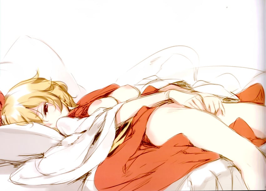 absurdres blonde_hair blush breasts clothed_masturbation clothing female fingering hat highres ke-ta lying masturbation nipples on_back red_eyes scan self_fondle short_sleeves sketch skirt skirt_set toramaru_shou touhou wide_sleeves