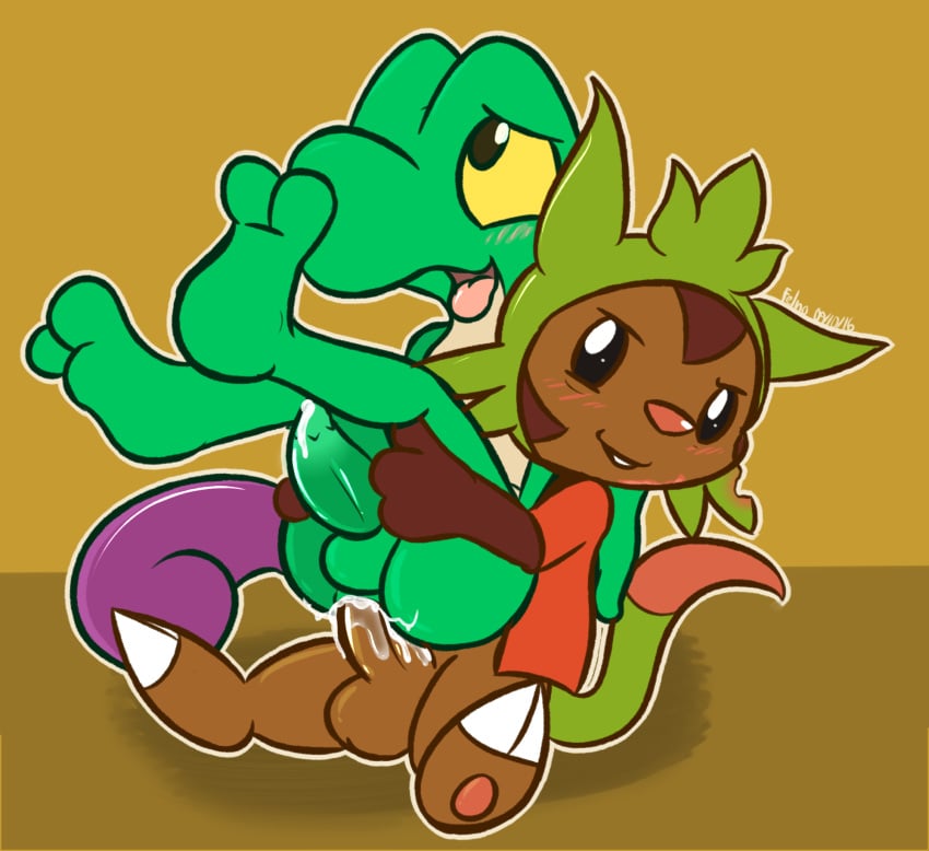 2_toes 2boys anal anal_sex anthro anus ass black_eyes blush bottomless brown_background brown_fur chespaul chespin claws clothed clothing cum cum_from_ass cum_while_penetrated erection feet felino flat_colors gay green_penis green_skin half-closed_eyes interspecies leg_grab legs_up looking_away male male_only mammal nintendo nude open_mouth original_character penetration penis pokemon precum reclining rodent rolling_eyes scalie sex signature smile soles tail tapering_penis testicles text toes tongue tongue_out treecko video_games yellow_sclera