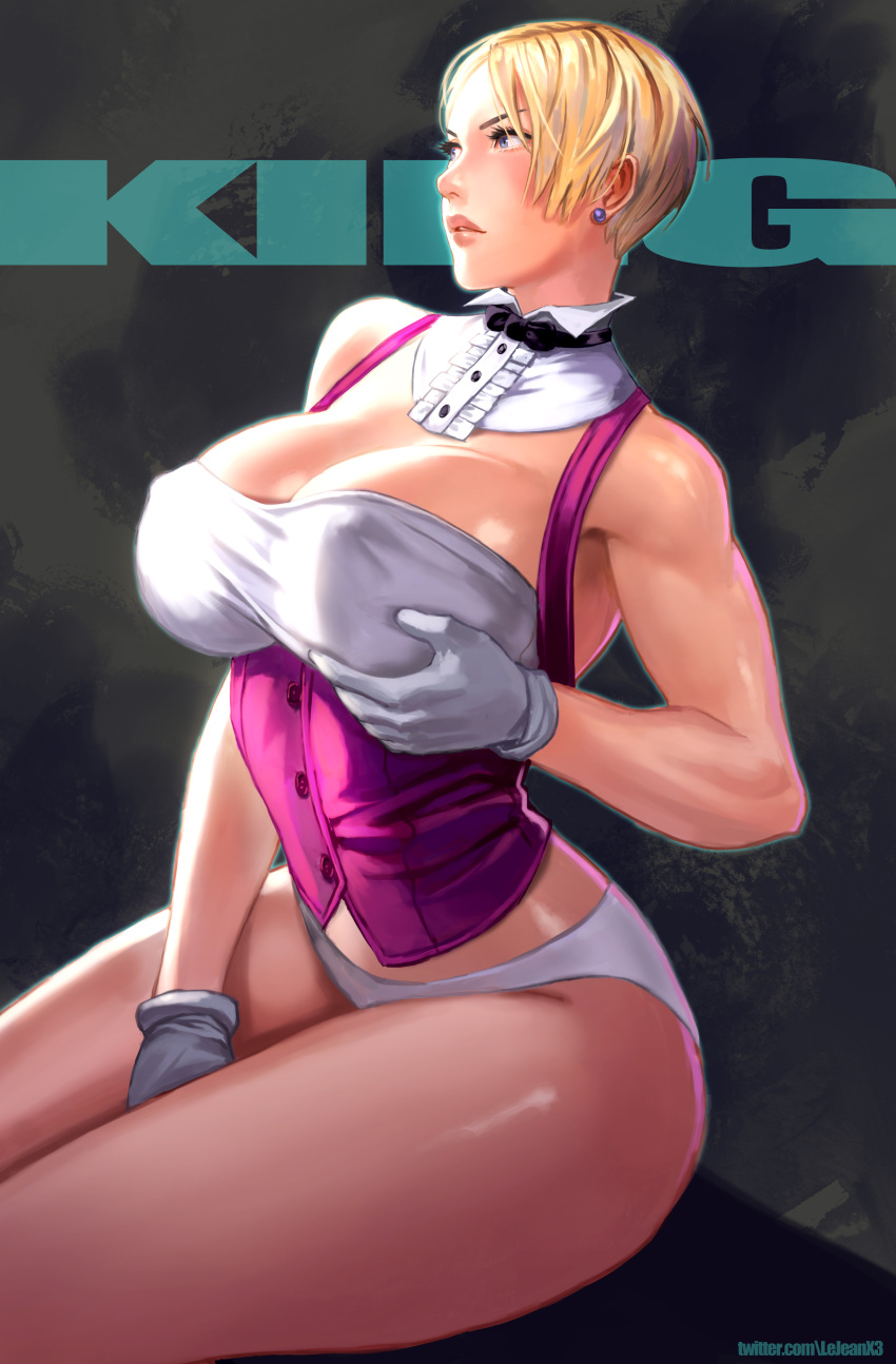 1girls 2d 2d_(artwork) areola_bulge art_of_fighting big_breasts blonde_female blonde_hair blue_eyes breasts character_name cleavage earrings female female_only fighting_game fit_female french_female gloves human kasai_x3 king_(snk) king_of_fighters large_breasts lejeanx3 light-skinned_female light_skin panties short_hair solo solo_female thick_thighs touching_own_breast very_short_hair video_game_character video_game_franchise white_gloves white_panties wide_hips