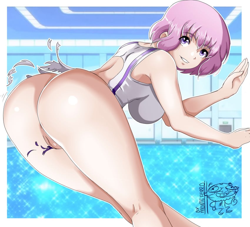 1girls absurdres ass breasts female female_only highres indoors kawai_hanabi keijo!!!!!!!! large_breasts looking_at_viewer monteferro one-piece_swimsuit pink_hair pool purple_eyes pussy short_hair smile solo swimsuit torn_clothes torn_swimsuit water