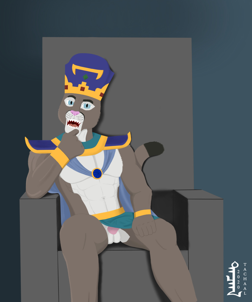 anthro chair clothed clothing cougar crown erection erection_under_clothing felid feline furniture furry_only gem hi_res male male_only mammal muscular muscular_anthro muscular_male royalty solo tachaal tachaal_(character) throne