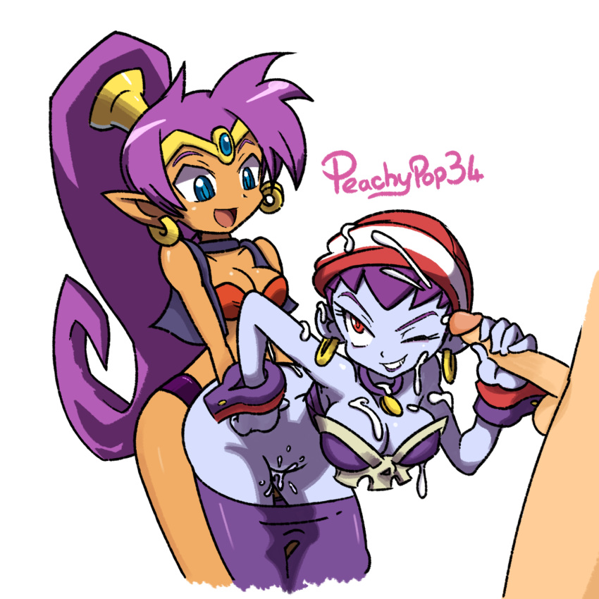 1boy 2girls bisexual bisexual_female cum cum_on_breasts cum_on_face dark-skinned_female dark_skin female light-skinned_male male multiple_girls peachypop34 risky_boots sex_toy shantae shantae_(character) smooth_skin strap-on unseen_male_face white_background yuri