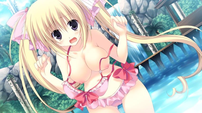 annemarie_lohenstein bikini blonde_hair blush breasts female gaku_ou game_cg hair_ribbons korie_riko long_hair nipples ribbon solo swimsuit tied_hair twintails wardrobe_malfunction