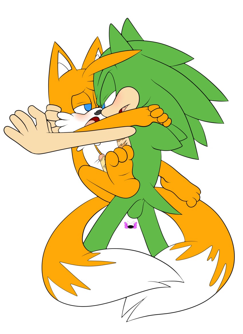 2boys amatsucat anal balls bedroom_eyes blue_eyes cheek_tuft feet fur gay green_fur half-closed_eyes male male_only penis scar scars scourge_the_hedgehog sonic_(series) tails white_background white_fur