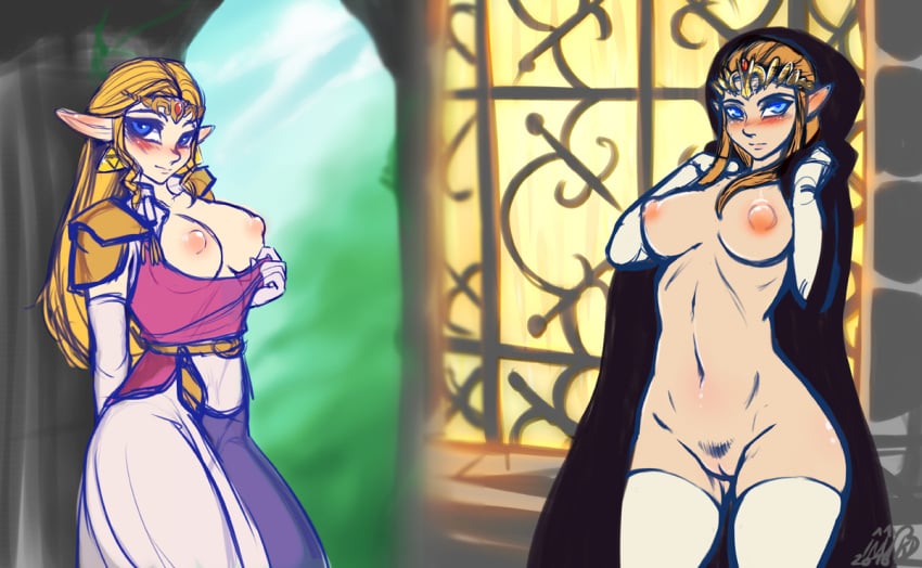 2girls blonde_hair blue_eyes blush breasts brown_hair cloak dress dual_persona earrings elbow_gloves hood indoors inuki long_hair looking_at_viewer multiple_girls naked_cloak naked_hood navel nintendo ocarina_of_time pointy_ears princess_zelda pubic_hair puffy_nipples pussy the_legend_of_zelda thighhighs tiara triforce_earrings twilight_princess uncensored zelda_(ocarina_of_time) zelda_(twilight_princess)