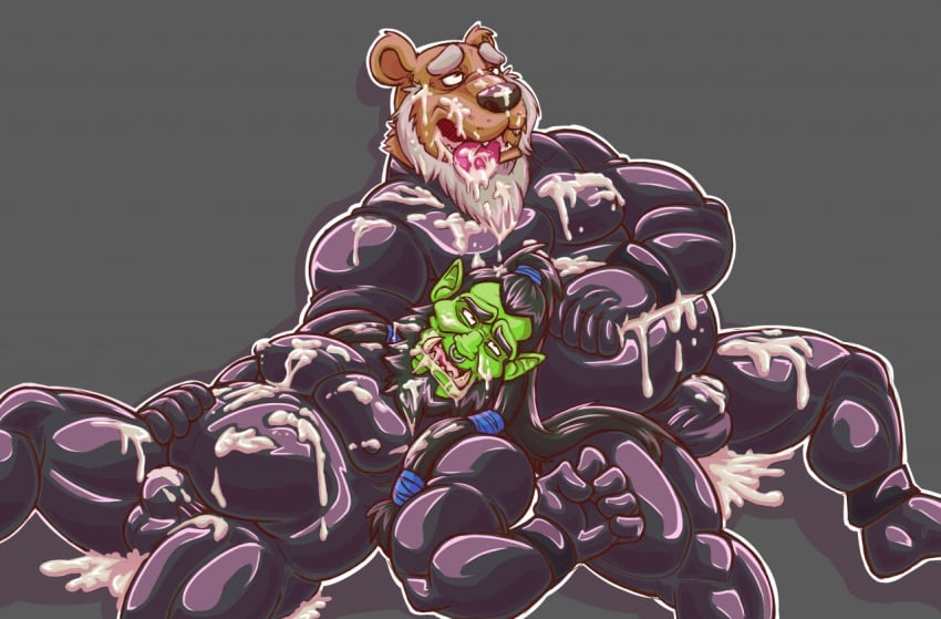 bear bodysuit bulge clothing cum gay humanoid male male/male male_only mammal messy muscular orc orc_male rubber shiny splattered thrall tight_clothing video_games warcraft