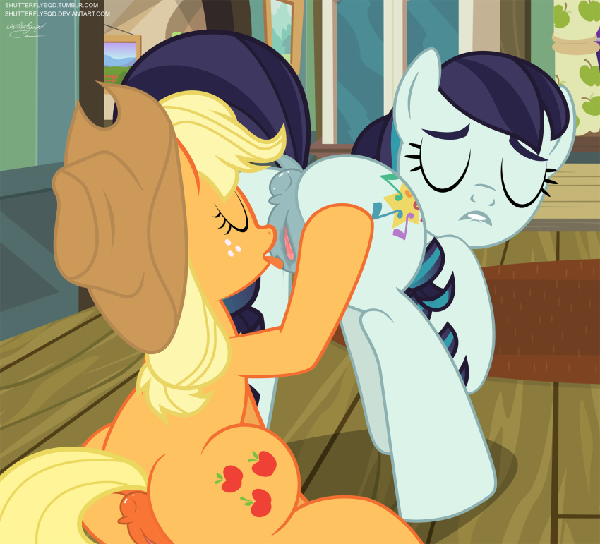 2016 anus applejack_(mlp) ass blonde_hair closed_eyes coloratura_(mlp) cowboy_hat cunnilingus cutie_mark duo earth_pony equine female feral freckles friendship_is_magic fur grey_fur hair hat horse inside mammal multicolored_hair my_little_pony oral orange_fur pony pussy pussy_juice rara_(mlp) sex shutterflyeqd tongue tongue_out vaginal_penetration