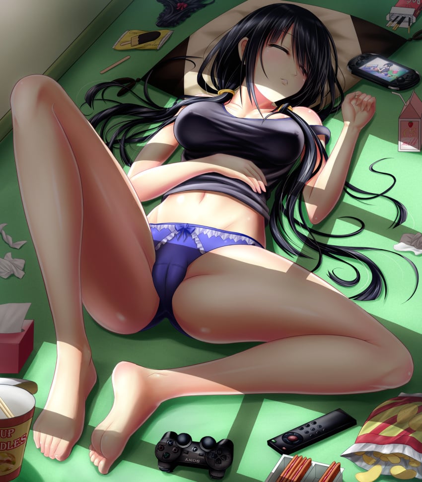 1girls bangs bare_legs barefoot black_hair black_panties black_shirt bow bow_panties breasts bust-waist_contrast cameltoe chips closed_eyes controller cookie crotch_seam cup_ramen date_a_live drinking_straw erect_nipples facing_away female female_only food full_body game_console game_controller hand_on_own_stomach handheld_game_console highres indoors inframammary_clothing_crease knee_up large_breasts long_hair low_twintails lying messy_room milk_carton navel no_pants on_back on_floor panties panties_aside pillow playstation_3 playstation_controller playstation_portable pocky popsicle_stick purple_panties remote_control shirt sleeping snack solo spread_legs strap_slip tank_top tied_hair tight_clothes tissue tissue_box tokisaki_kurumi tsubasaki twintails underwear used_tissue very_long_hair