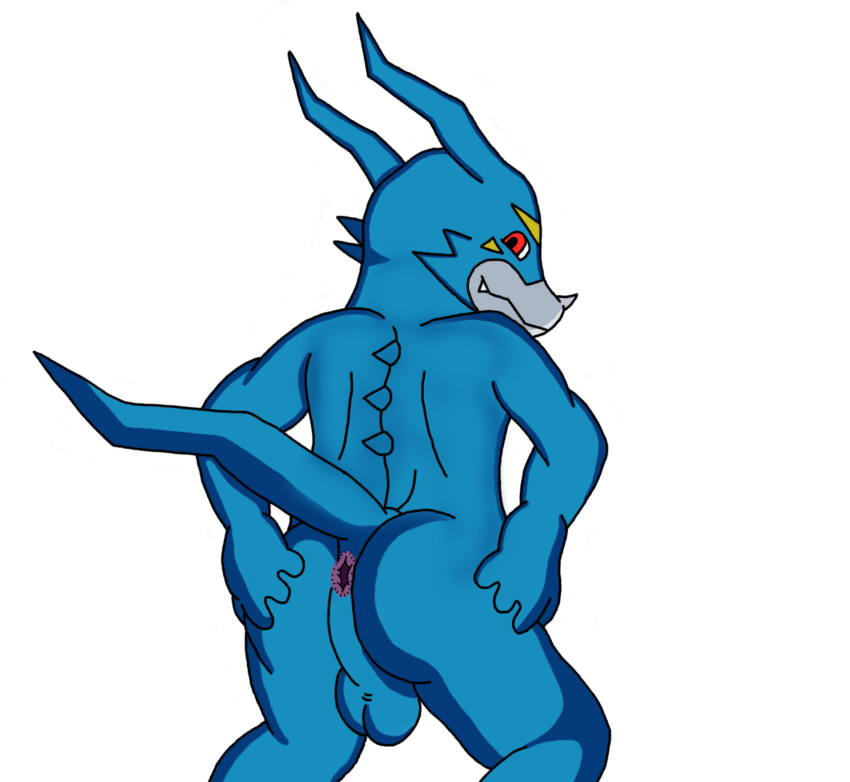 1boy 2016 anthro anus ass balls digimon dragon lusarthel male male_only penis presenting presenting_hindquarters simple_background smile solo spread_legs spreading teeth veemon white_background