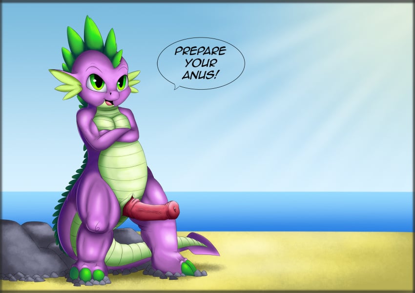 1boy 2016 anthro armpits beach dragon english_text erection exelzior-maximus friendship_is_magic hi_res male male_only my_little_pony outside penis seaside smile smooth_skin solo spike_(mlp) text