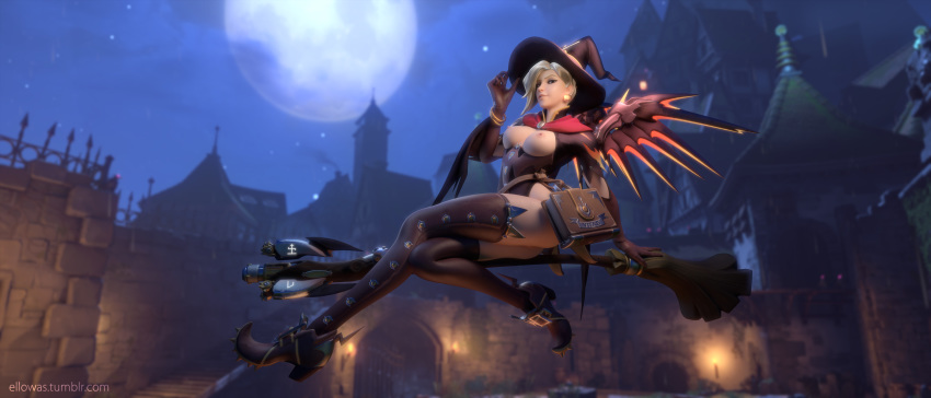 3d absurdres alternate_costume areolae big_breasts blender blizzard_entertainment blonde_hair blue_eyes breasts broom broom_riding broomstick eichenwalde_(map) ellowas female female_only halloween highres mercy nipples nude nude_female overwatch overwatch_2 pink_nipples solo tumblr_username witch witch_hat witch_mercy