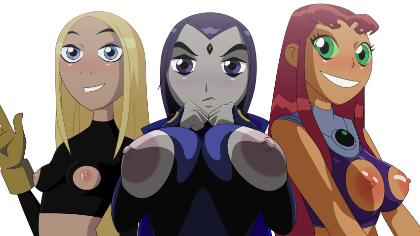 3girls accurate_art_style alien blue_eyes breast dc dc_comics female female_only green_eyes grey_skin multiple_girls nippleless_bra nippleless_clothes nipples purple_eyes purple_hair rachel_roth randomrandom raven_(dc) red_hair shiny shiny_skin short_hair starfire tan_skin teen_titans terra terra_(dc)