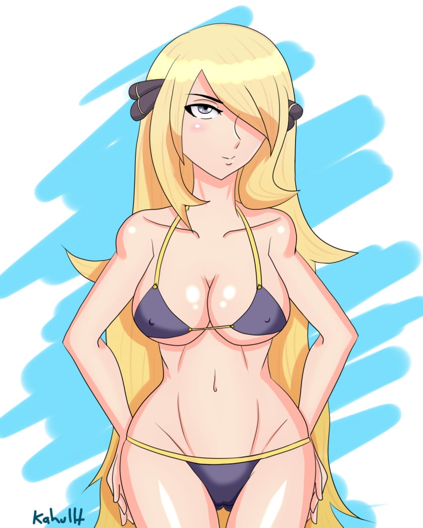 1girls alpha_channel bare_shoulders bikini blonde_hair blush breasts cameltoe cleavage cynthia_(pokemon) erect_nipples eyelashes female grey_eyes hair_over_one_eye hands_on_hips human kahullt long_hair midriff navel nintendo nipples png pokemon pokemon_dppt pussy signature smile solo standing text very_long_hair