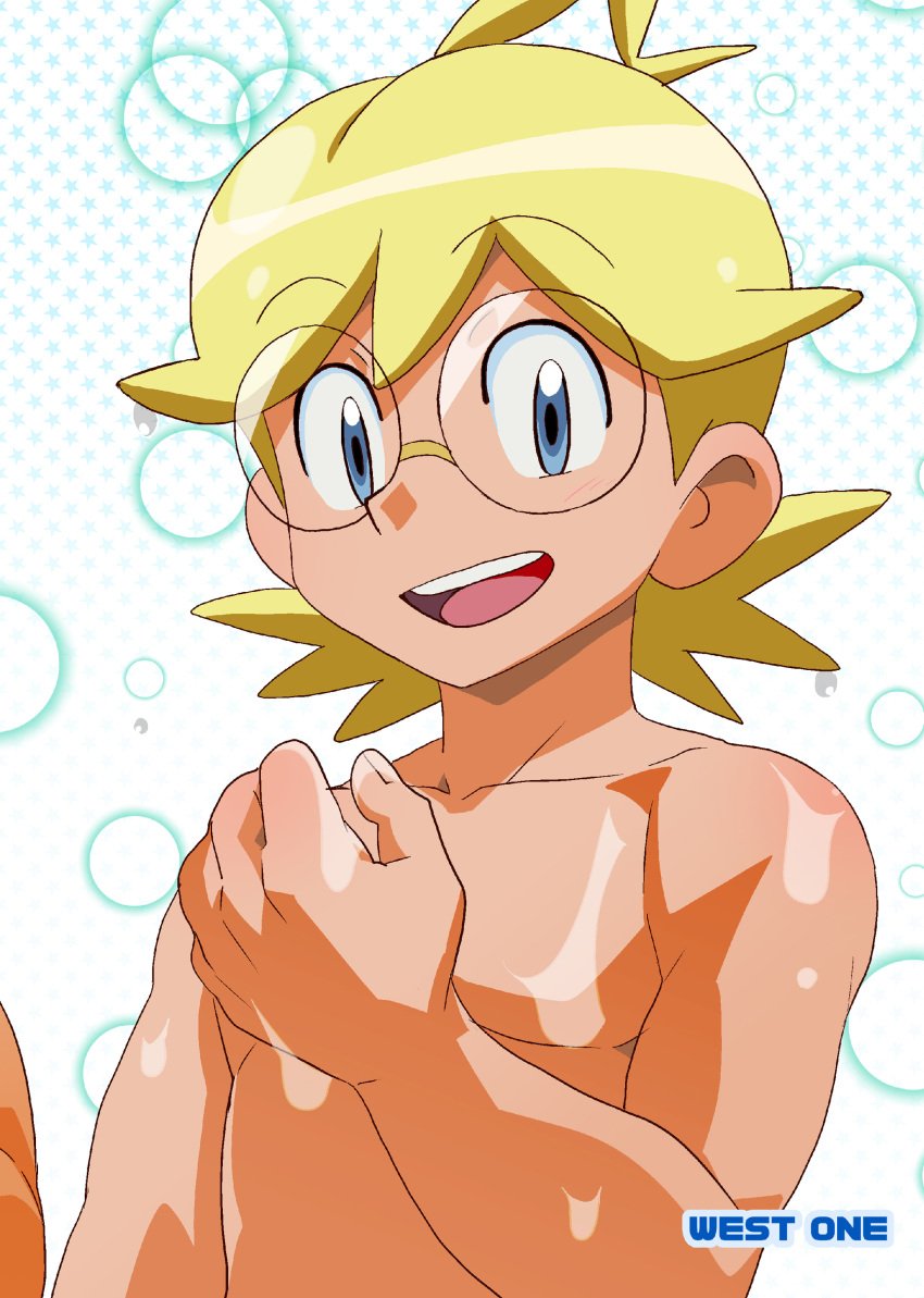 1boy blue_eyes blush citron_(pokemon) clemont glasses human looking_at_viewer male nintendo open_mouth pokemon pokemon_xy short_hair smile text tongue topless white_background