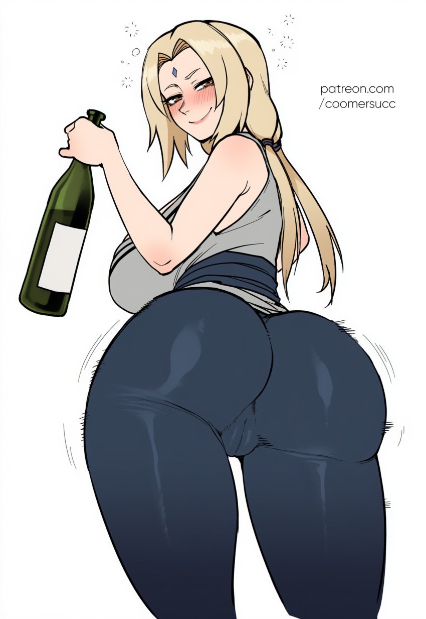 1girls ai_generated alcohol ass big_ass big_breasts blonde_hair blush bottle breasts coomersucc drunk facial_mark female forehead_mark long_hair looking_at_viewer looking_back naruto pants smile solo tsunade white_background wine_bottle