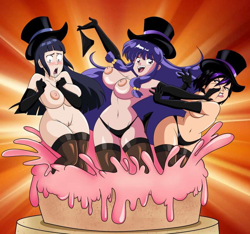 3girls areola areolae assisted_exposure big_hero_6 black_panties breasts busty cake cake_stripper cleavage crossover disney eastern_and_western_character female female_only food gloves gogo_tomago grimphantom hat hourglass_figure huge_breasts human hyuuga_hinata jumping_out_of_a_cake large_breasts marvel multiple_girls naruto nipples no_bra nude panties popping_out_of_cake pussy ranma_1/2 shampoo_(ranma_1/2) stockings surprised thick_thighs top_hat topless undressing voluptuous wide_hips