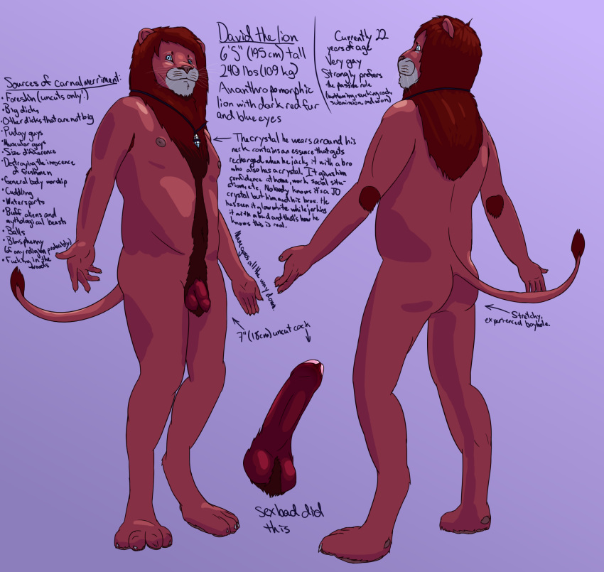 1boy 2016 anthro ass ball_tuft balls blue_eyes chest_tuft david_the_lion digitigrade elbow_tufts erection feline flaccid fur jo_crystal lion long_foreskin male male_only mammal mane model_sheet nipples nude penis red_fur red_skin sexbad shaded slightly_chubby smile solo tall text tuft uncut whiskers