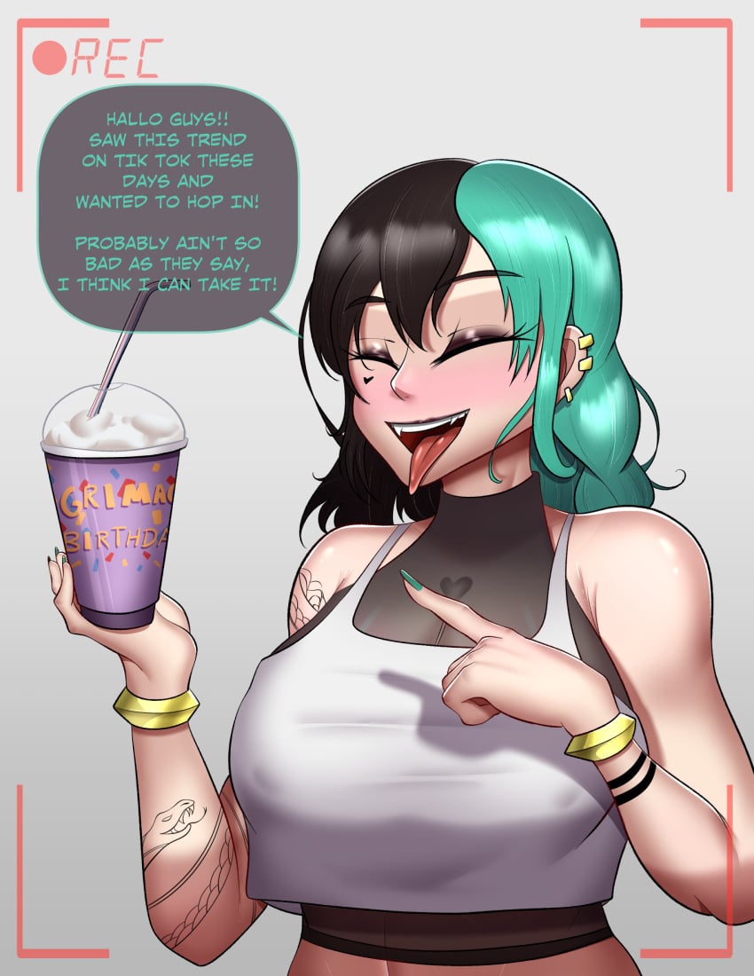 aileen_(qiyarts) arm_tattoo bare_shoulders clothing dialogue english_text grimace_birthday_shake grimace_shake heart_tattoo mcdonald's nipple_bulge nipples original original_character qiyarts recording simple_background tagme tattoo text text_bubble two_tone_hair