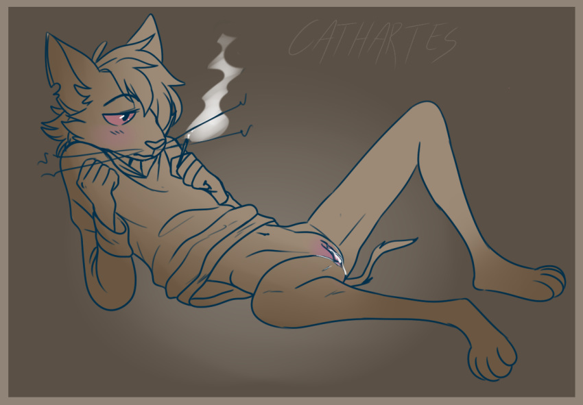 anthro blush cigarette clitoris clothed clothing cuntboy feline intersex mammal pussy rorr smoke solo spread_legs spreading