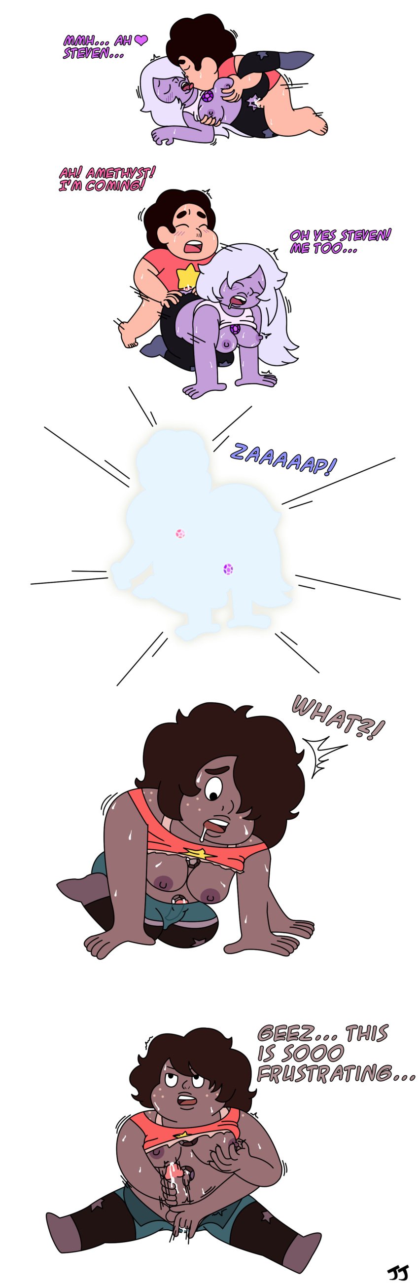 amethyst_(steven_universe) breast_grab breasts cartoon_network dark-skinned_female dark_skin doggy_style female fusion futanari gem gem_(species) gem_fusion grab intersex jonnyjonnino kissing male masturbation sex smoky_quartz_(steven_universe) smooth_skin steven_quartz_universe steven_universe vaginal_penetration young