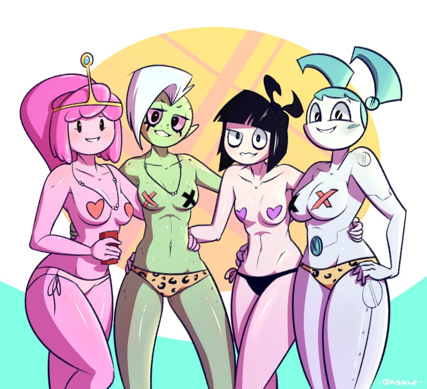 2016 4girls adult_swim adventure_time alien aqua_hair ass black_eyes black_hair black_panties blush breasts cartoon_network creepy_susie crossover dabble disney disney_channel female female_only fingers goth green_skin gynoid hand_on_hip hands hips jenny_wakeman legs long_hair looking_at_viewer lord_dominator machine medium_breasts multiple_girls my_life_as_a_teenage_robot necklace nickelodeon pasties pink_hair pink_panties pink_sclera pink_skin pointy_ears ponytail princess_bubblegum robot short_hair smile smooth_skin standing stomach teenager the_oblongs tiara tied_hair topless twintails wander_over_yonder white_hair