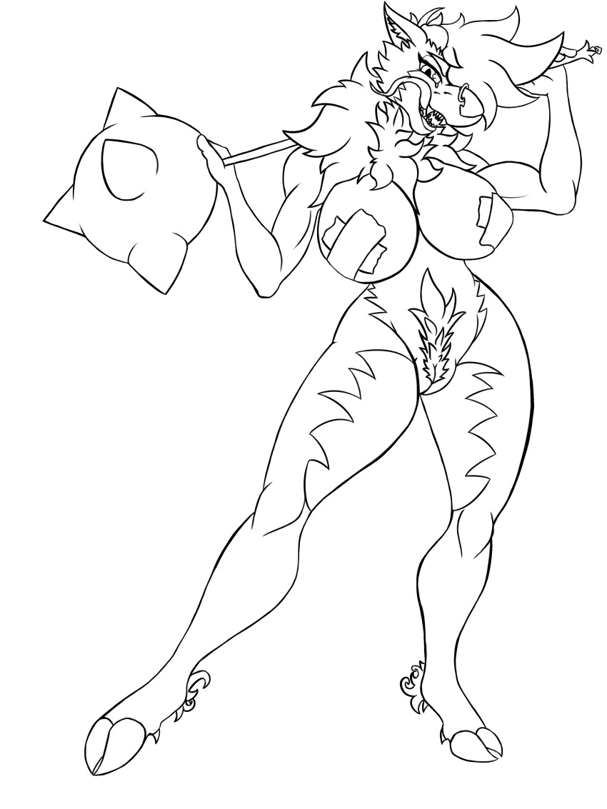 absurd_res big_breasts breasts canine cloven_hooves female hair hellhound hi_res hooves horn kissinger_(artist) kissinger_(character) looking_at_viewer mace mammal melee_weapon muscular nipple_bulge pasties piercing pubes pussy red_hair solo tongue weapon