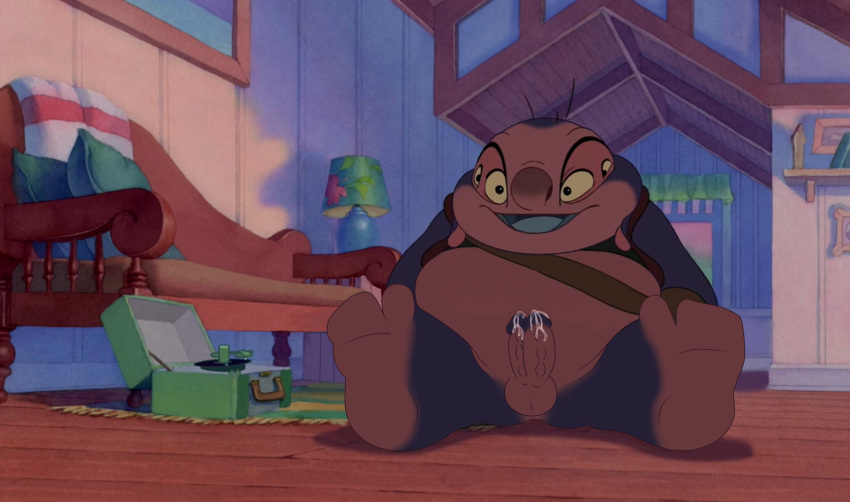 4_eyes alien balls belly diphallia diphallism disney double_dicks_(artist) edit jumba_jookiba lilo_and_stitch male male_only multi_eye multi_penis overweight penis precum screencap sitting smile solo