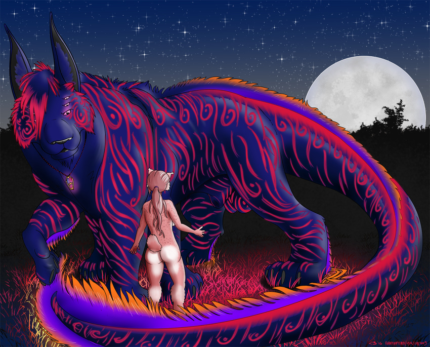 anthro anthro_on_feral balls bioluminescence feline female feral glowing lessthan3 lynx male mammal outside shiarra size_difference straight vaesil zoophilia