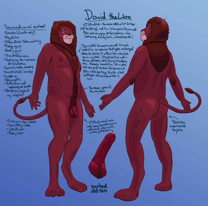 1boy 2016 anthro armpit_hair ass ball_tuft balls blue_eyes chest_tuft david_the_lion digitigrade elbow_tufts erection feline flaccid fur jo_crystal lion long_foreskin male male_only mammal mane model_sheet muscular nipples nude penis red_fur red_skin sexbad shaded slightly_chubby smile solo tall text tuft uncut whiskers