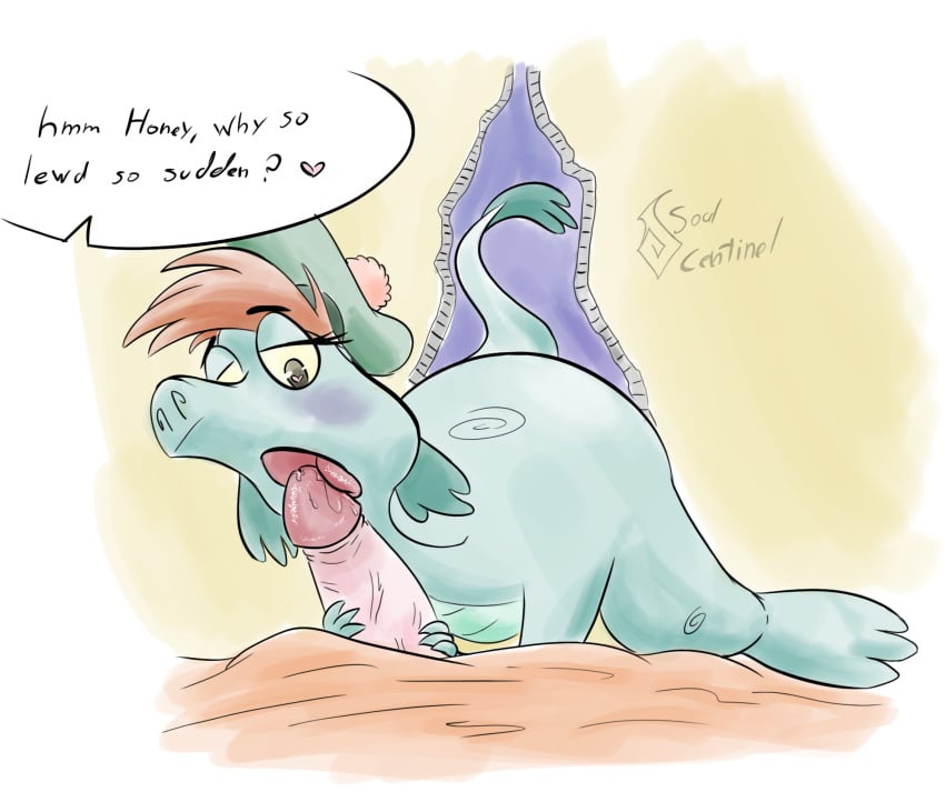 anthro blush brown_hair disney duo erection female green_scales hair hat licking loch_ness_monster male mammal marine nessie open_mouth oral penis scales scalie simple_background soulcentinel straight the_ballad_of_nessie tongue tongue_out