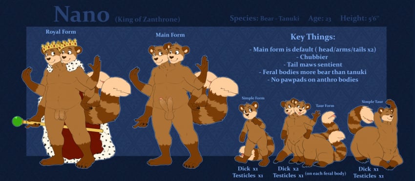 bear cape clothing crown diphallia diphallism hybrid male mammal model_sheet multi_arm multi_body multi_head multi_limb multi_penis multi_tail nano99 penis scepter shadowpelt tail_mouth tanuki taur text